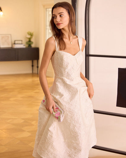 Elegant White Jacquard Midi Dress