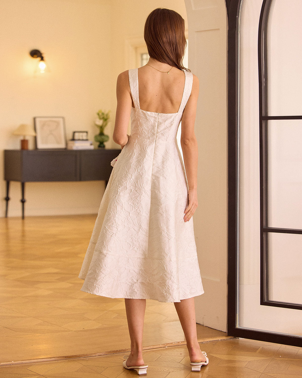 Elegant White Jacquard Midi Dress