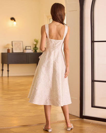 Elegant White Jacquard Midi Dress